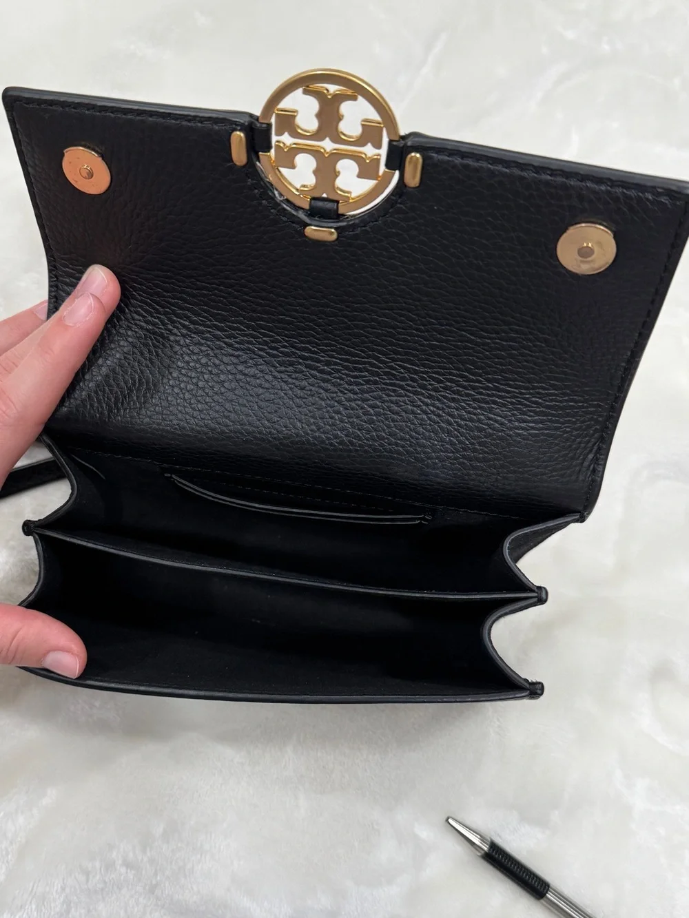 Tory Burch Black Pebbled Leather Crossbody with Gold Logo Chain